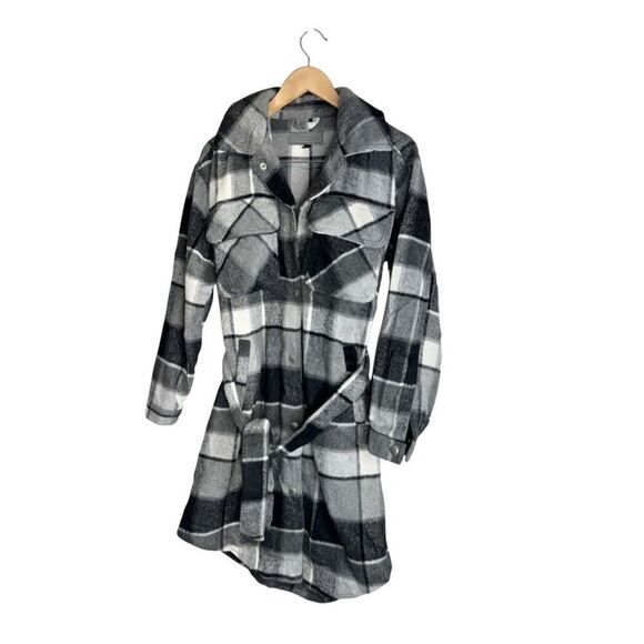 Blank NYC Flannel Jacket Size Small Gray Tie Front Black Buttoned Long Sleeve - Picture 7 of 10